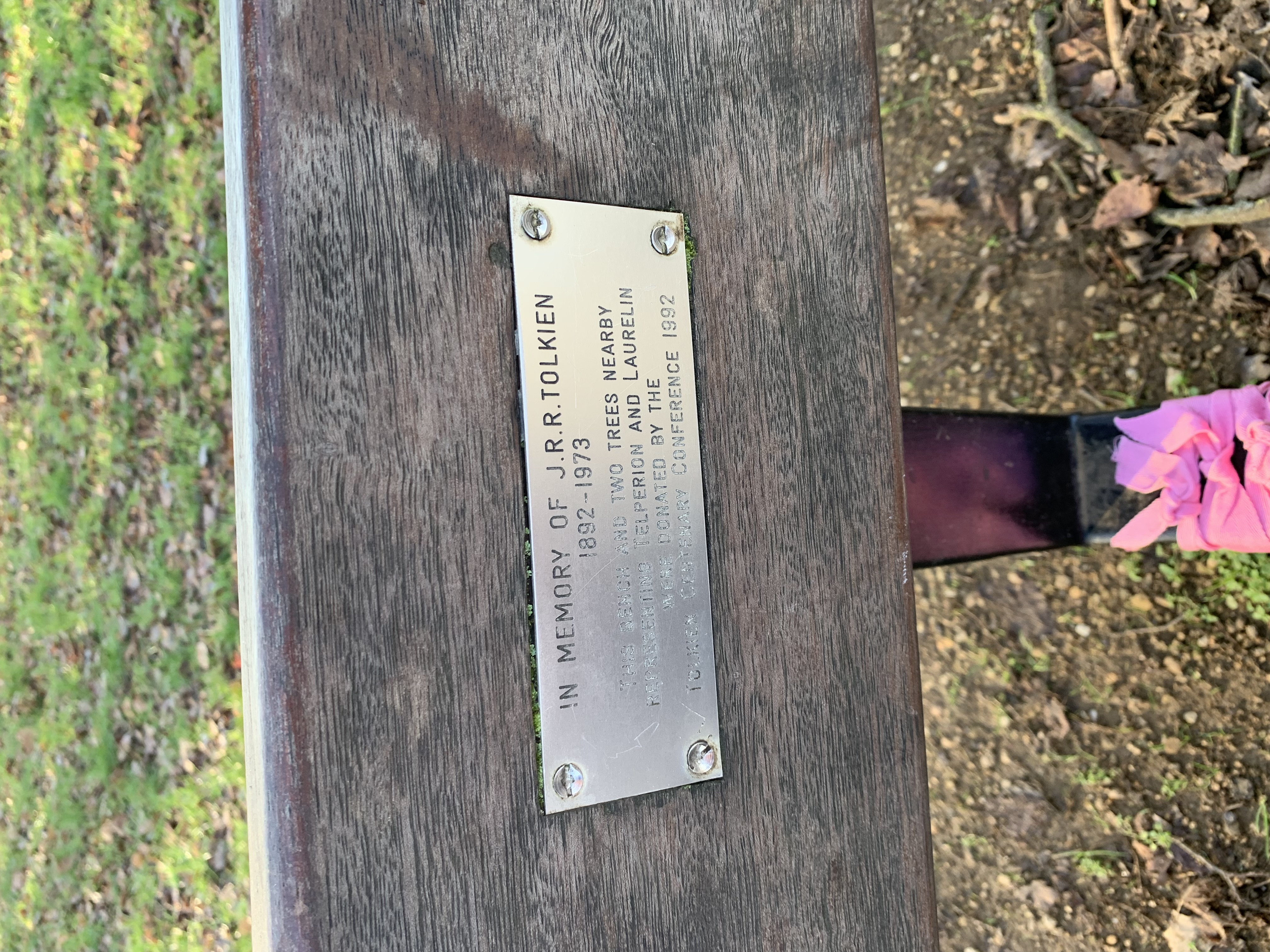 Plaque on the JRR Tolkien bench in University Parks, Oxford.